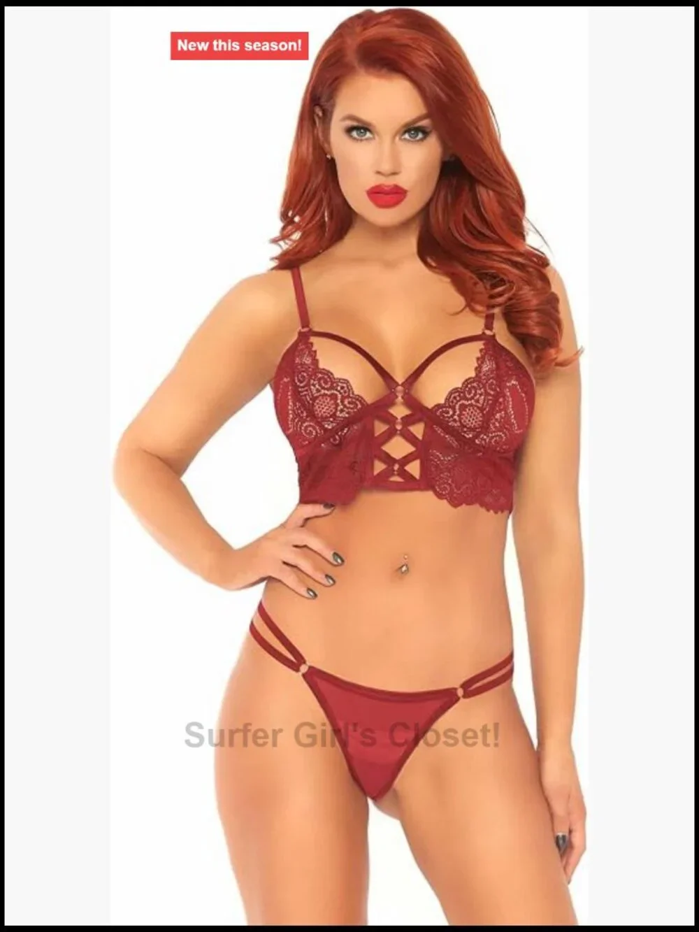 Lace Bralette and G-String Lingerie Set with Cage Strap O-Ring